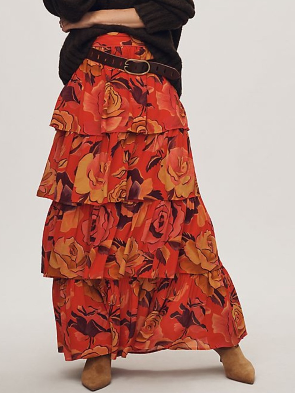FARM Rio Red and Orange Floral Tiered Maxi Skirt